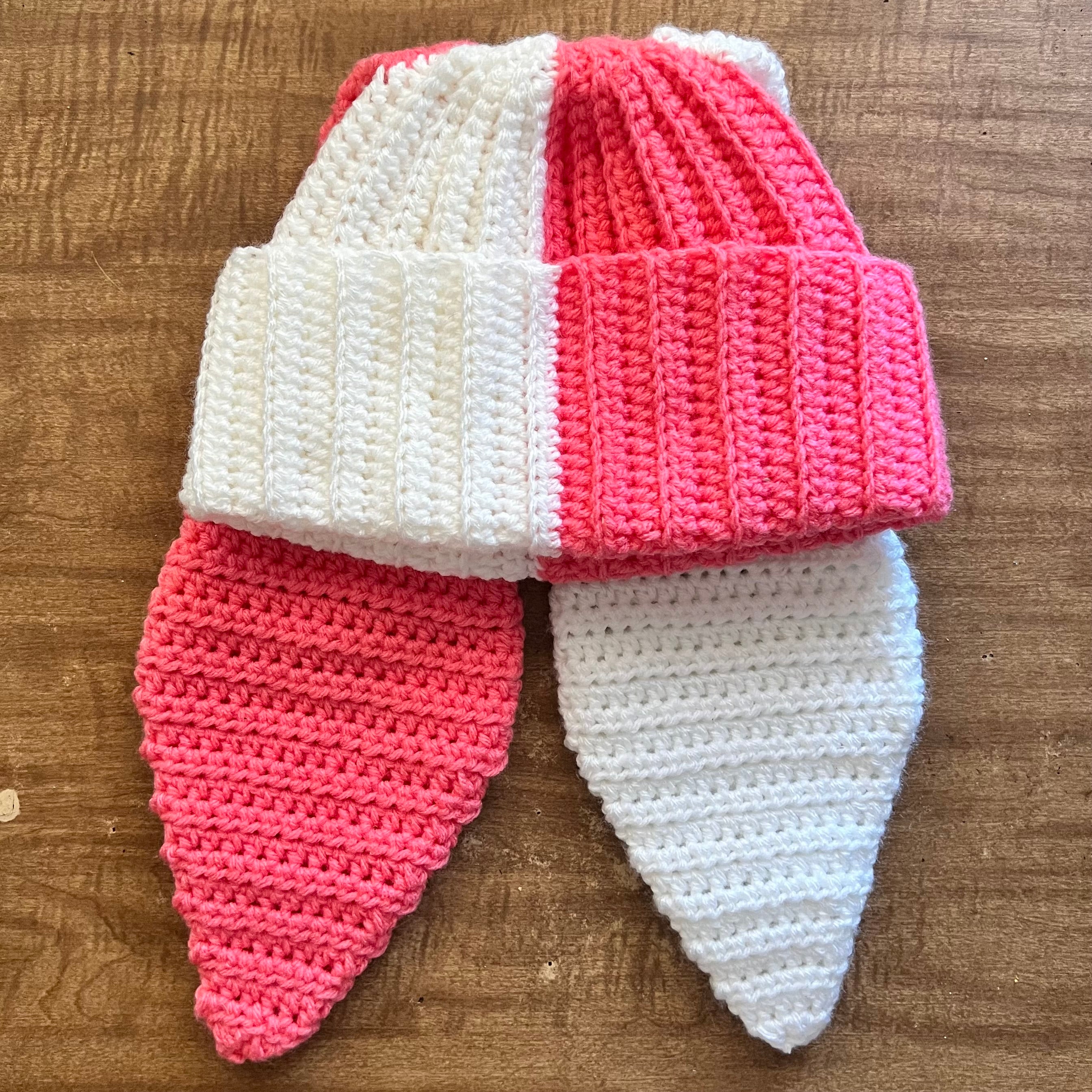 Watermelon pink and white bunny ear beanie