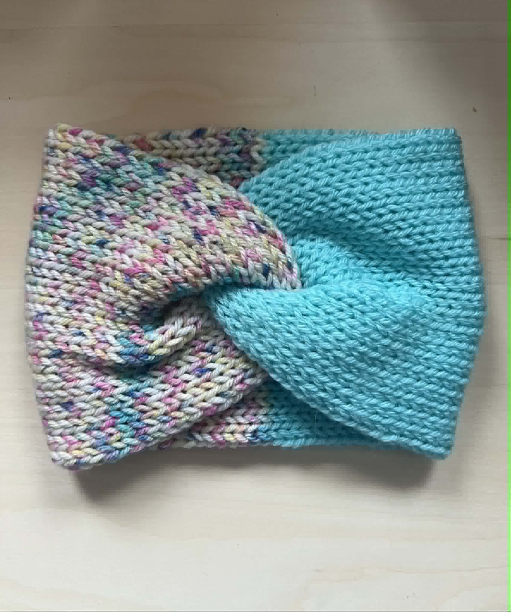 Blossomopolis and Light Teal twisted double knit ear warmer