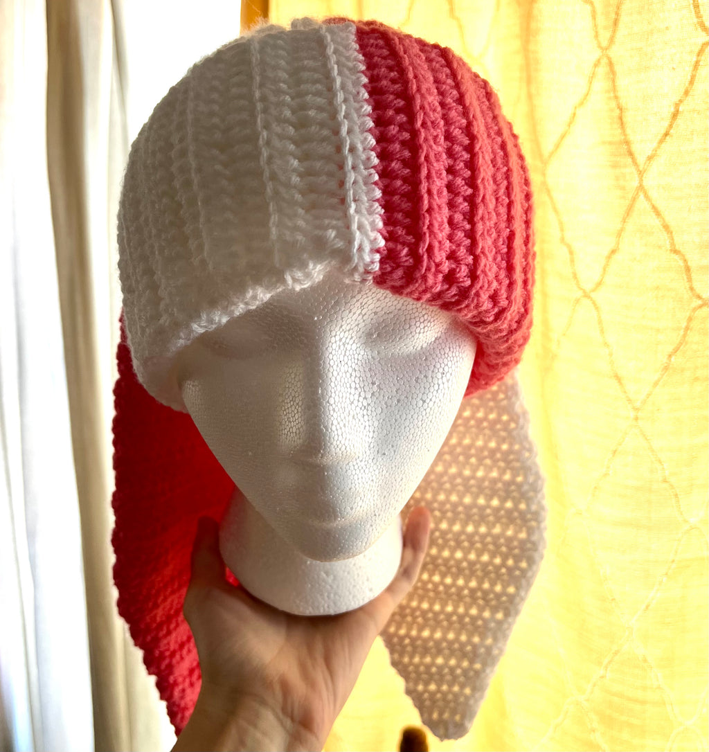 Watermelon pink and white bunny ear beanie